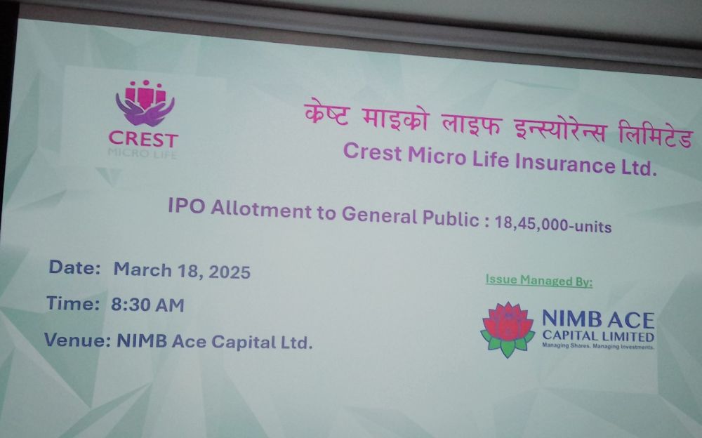 क्रेस्ट माइक्रो लाइफको आईपीओ बाँडफाँट, १ लाख ८४ हजार आवेदकले पाए १० कित्ताका दरले शेयर